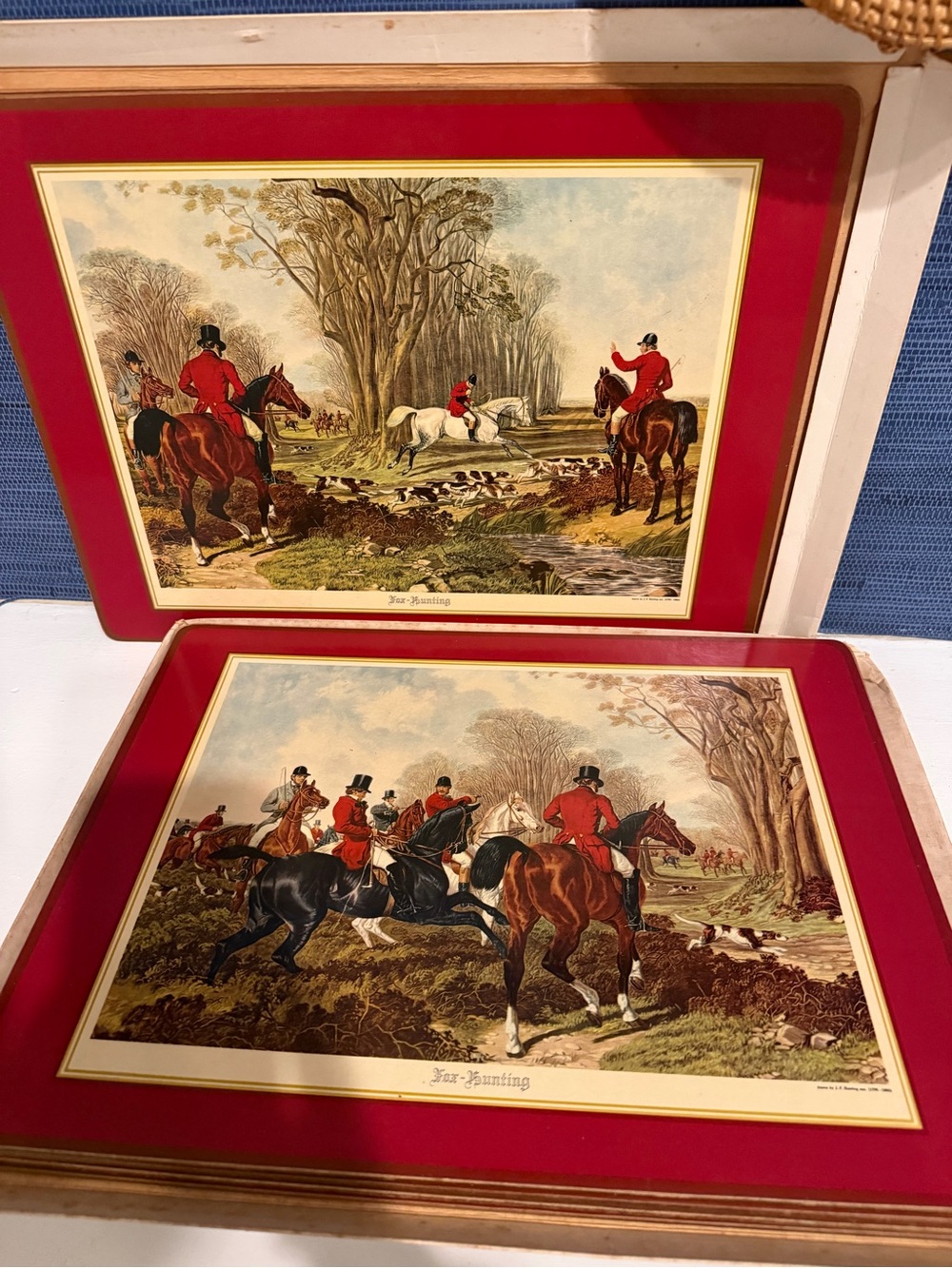 Vintage 6 original Fox Hunting Prints in Red Mat Frames